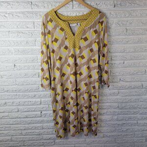 Susan Graver 1X Plus Yellow Tan Geometric V-Neck 3/4 Sleeve Dress GEO232E